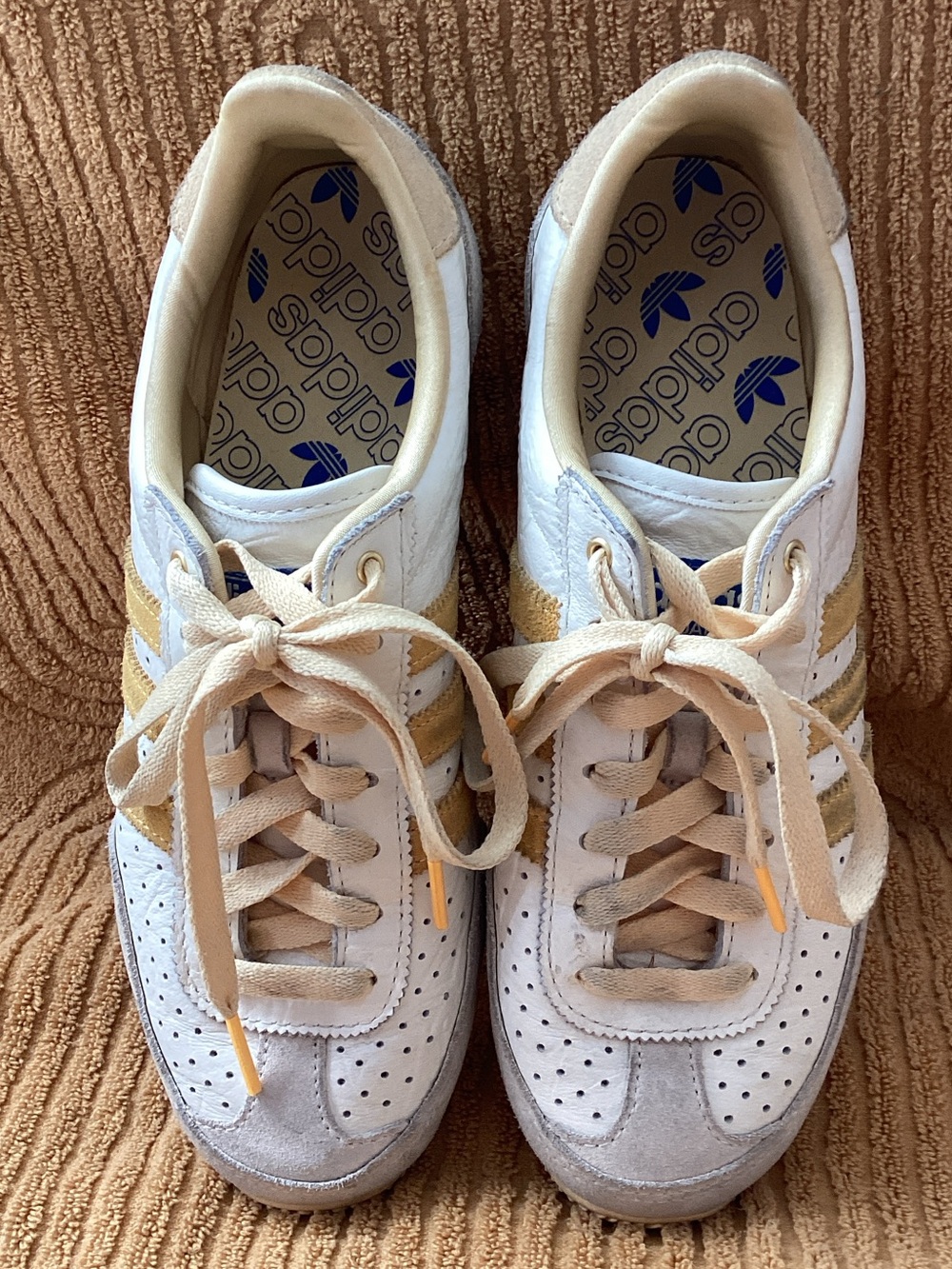 adidas Women’s White & Cream Sneakers with Gold Stripes